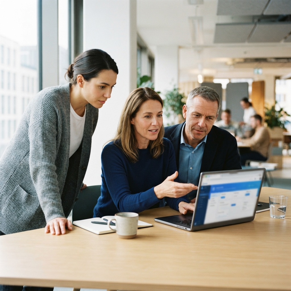 Das Team arbeitet gemeinsam an praxisnaher KI-Weiterbildung