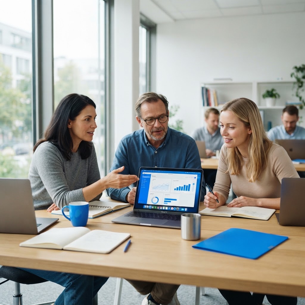 Gruppe von Fachkräften lernt gemeinsam KI-Grundlagen am Laptop